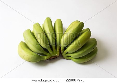 Bunches Of Green, Underripe Baby Bananas Fanned Out, Copy Space, Isolated On White