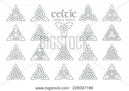 Vector Celtic Trinity Knot. 18 Items. Ethnic Ornament. Geometric Design. Vector Illustration Set