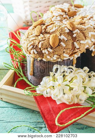 Colomba - Italian Easter Dove Cake On Old Rustic Cyan Wooden Board. Selective Focus, Free Text Space