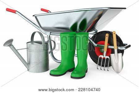Wheelbarrow With Boots, Watering Can, Shovel And Hoe, Isolated On White Background 3d Rendering