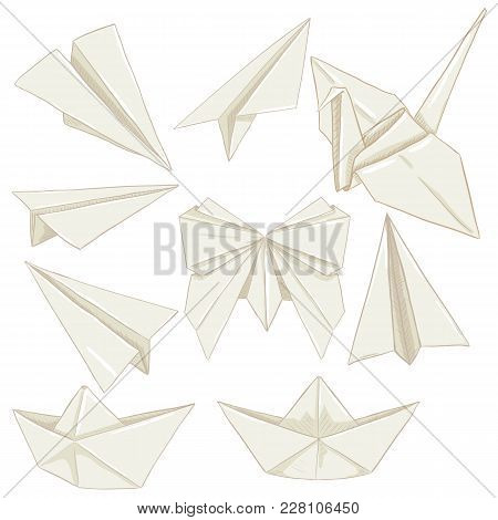 Vector Set Of Cartoon Origami Paper Objects. Planes, Boats, Butterfly And Crane.
