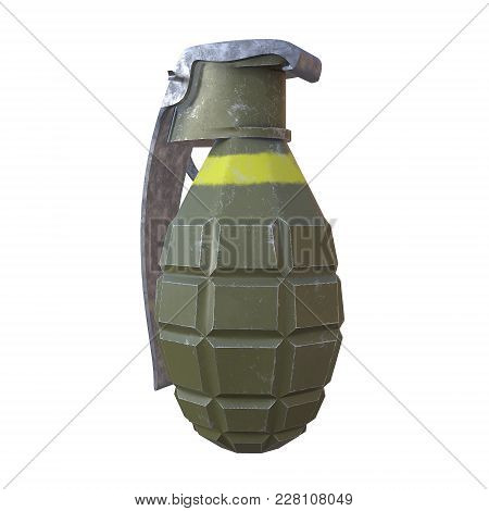 Hand Bomb Frag Grenade Green Metal With Scratches And Round Pin Over. 3d Render Isolated On White.