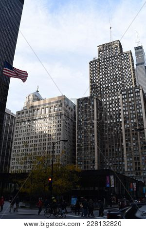 Federal Plaza In Downtown Loop Chicago With Post Office Building, Flag And Half Mast, 111 West Adams