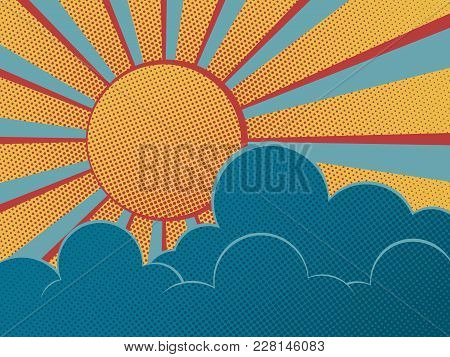 Sun And Clouds On Blue Sky Retro Poster. Abstract Sunshine Bakground. Halftone Dots Texture. Vector 