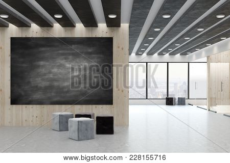 Contemporary Office Interior With Empty Blackboard Billboard. Mock Up, 3d Rendernig