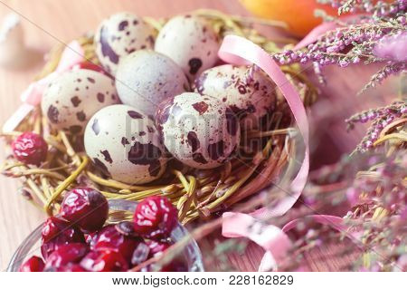 Spring Composition, Nest With Eggs Near The Bunch Of Heather, Easter. Place For Text