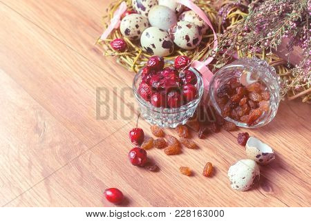 Spring Composition, Nest With Eggs Near The Bunch Of Heather, Easter. Place For Text