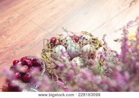 Spring Composition, Nest With Eggs Near The Bunch Of Heather, Easter. Place For Text