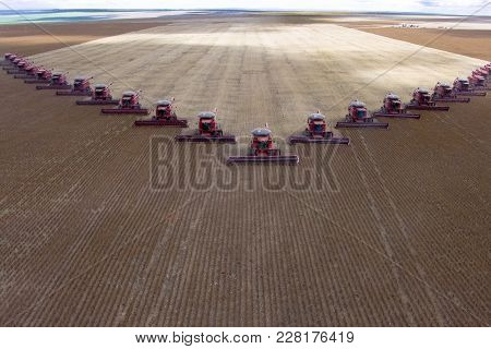 Mato Grosso, Brazil, March 02, 2008: Mass Soybean Harvesting At A Farm In Campo Verde