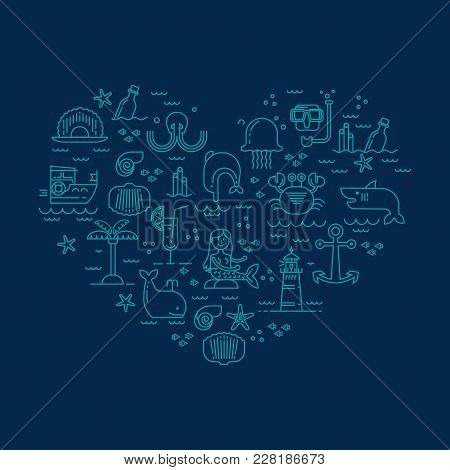 Simple Illustrations Of Marine Life. Dolphin. Shark. Keith. The Concept In The Shape Of A Heart.