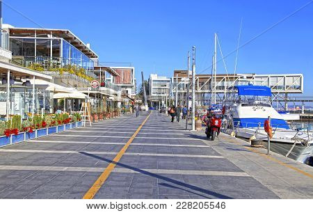 Limassol, Cyprus - January 9, 2018: View Of The Limassol Old Port Promenade With Modern Restaurants 