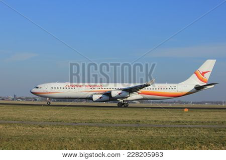 Amsterdam The Netherlands - February 24th 2018: Pz-tcr Surinam Airways Airbus A340-300 Takeoff From 