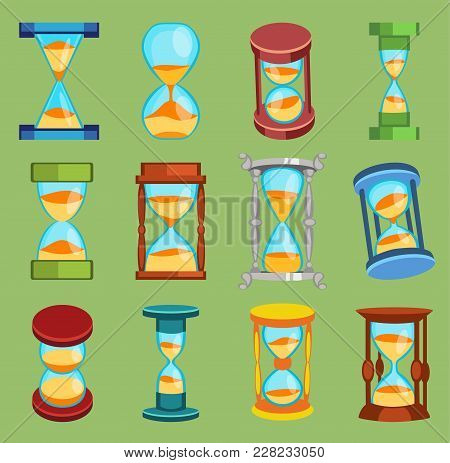 Sandglass Vector Watches Time Glass Tools Icons Set, Time Hourglass Sand Clock Flat Design History S