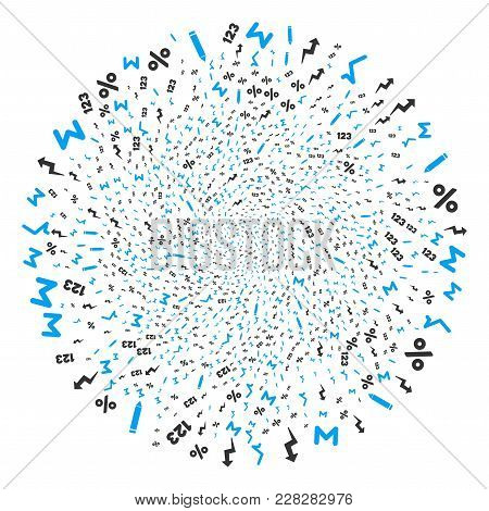 Math Symbols Spiral Explosion. Element Cluster Organized From Randomized Math Symbols Items. Vector 