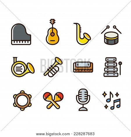 Musical Instruments Icon Set. Simple Cartoon Style Colored Line Icons. Brass Wind Instruments, Strin
