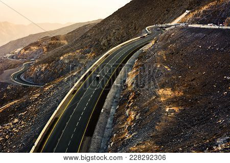Jabal Jais Mountain Road At Sunset. The Highest Mountain In United Arab Emirates