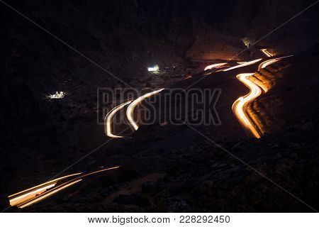 Light Trails On Jabal Jais Mountain Road At Night, Uae