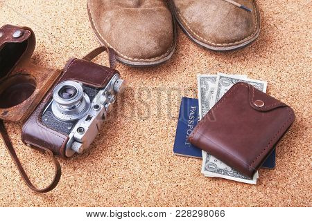 Set Of Men's Accessories For The Tourist On A White Wooden Background. The Concept Of Fashion, Leisu