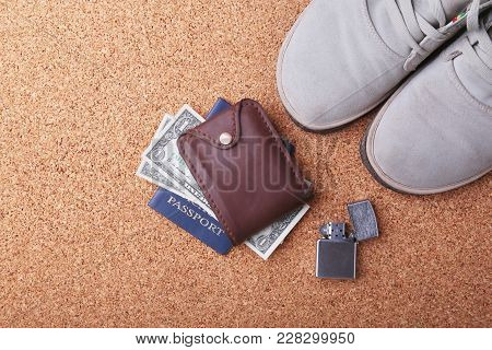Set Of Men's Accessories For The Tourist On A White Wooden Background. The Concept Of Fashion, Leisu