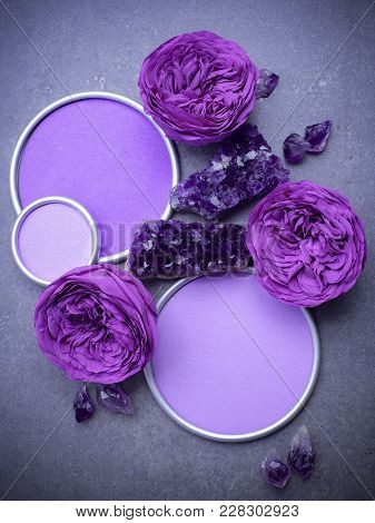 Amethyst Crystals And Figs With A Round Frame With A Place For Designer's