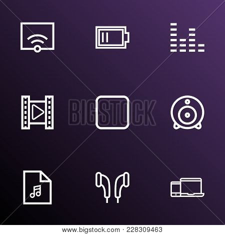 Media Icons Line Style Set With Web Cam, Gadget, Low Battery And Other Charge Elements. Isolated  Il