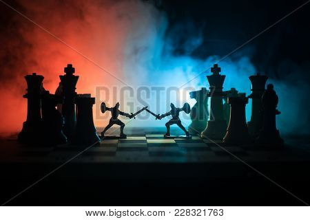 Medieval Battle Scene With Cavalry And Infantry On Chessboard. Chess Board Game Concept Of Business
