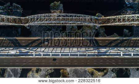 Aerial View Of The City, Ukraine. Dnieper River With Bridges. Darnitskiy Bridge. Combined Railway An