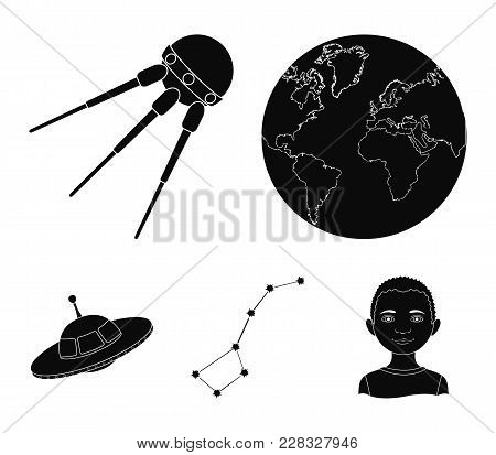 Planet Earth With Continents And Oceans, Flying Satellite, Ursa Major, Ufo. Space Set Collection Ico