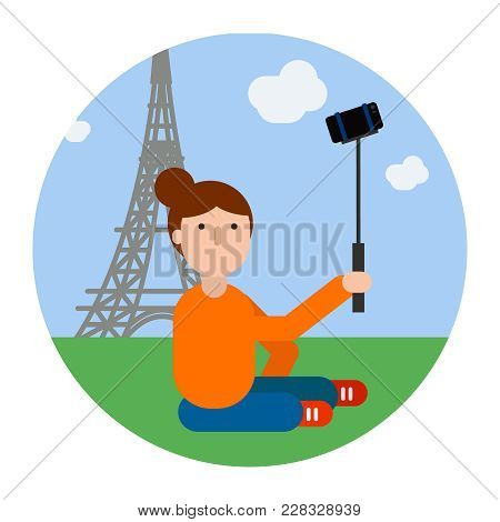 Traveler Girl Makes Selfie By Eiffel Tower, Vector Illustration