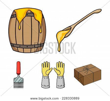 A Spoon Of Honey, Protective Gloves, A Barrel Of Honey, A Fork.apiary Set Collection Icons In Cartoo