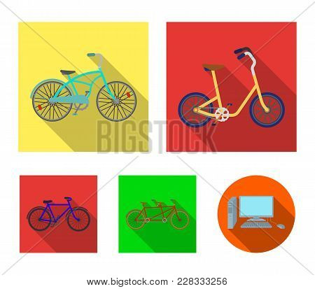 Children's Bicycle, A Double Tandem And Other Types.different Bicycles Set Collection Icons In Flat 