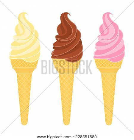 Vector Illustration Of Waffle Ice Cream Cones With Vanilla, Chocolate And Strawbery Flavors, Isolate
