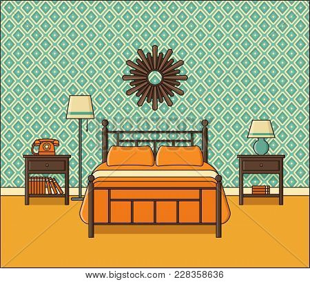 Bedroom Interior. Vector. Hotel Room In Flat Design. Retro Home Space With Bed In Line Art. Outline 