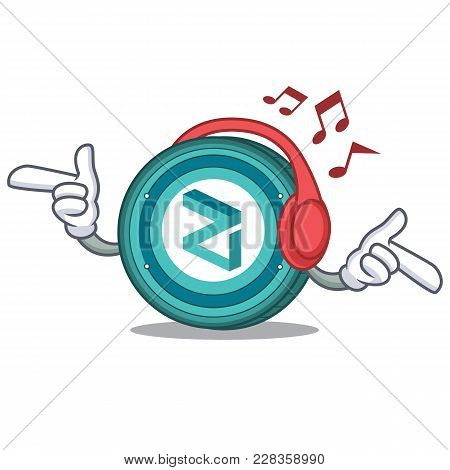 Listening Music Zilliqa Coin Macot Cartoon Vector Illustration