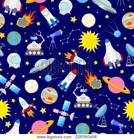 Seamless Pattern On The Theme Of Space And Space Travel Color Icons On Blue  Background