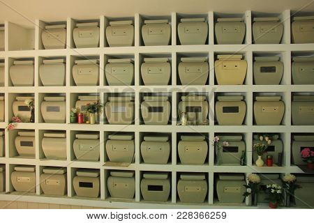 Columbarium At A Cemetery, Public Storage Of Cinerary Urns