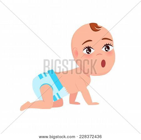 Toddler Infant In Diaper Crawls On All Fours With Wide Open Mouth Vector Illustration With Little Ch