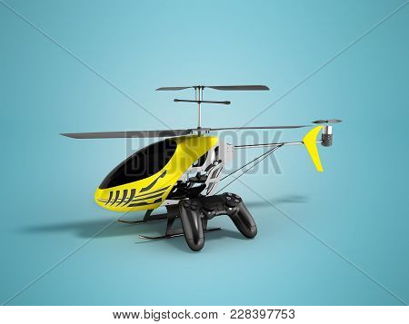 Concept Modern Helicopter On Control Panel Yellow 3d Render On Blue Background With Shadow