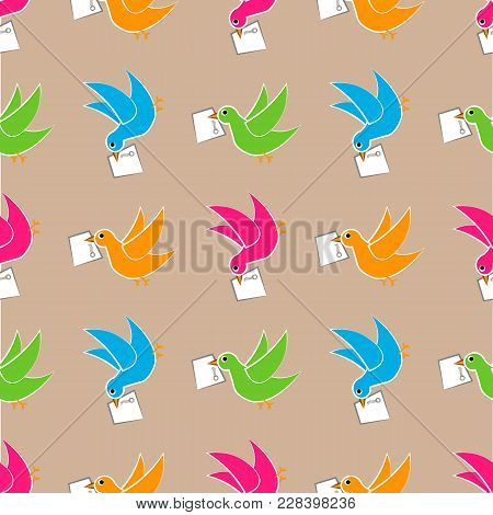 Old School Pattern With Birds And Letters. Bird Delivers A Message, Seamless Pattern. 10eps