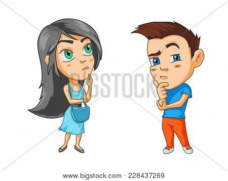 Girl And Boy Think, Hand Near The Chin, Cartoon Characters
