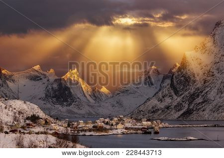 Traditional Norwegian Fisherman's Cabins, Rorbuer, On The Island Of Hamnoy, Reine On The Lofoten In 