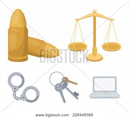 Scales Of Justice, Cartridges, A Bunch Of Keys, Handcuffs.prison Set Collection Icons In Cartoon Sty