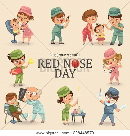 Set Red Nose Day Greeting Card, Medical Doctor In Hospital With Stethoscope Helping Little Patient W