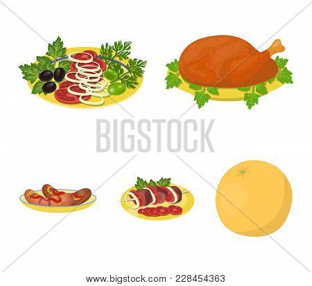Fried Chicken, Vegetable Salad, Shish Kebab With Vegetables, Fried Sausages On A Plate. Food And Coo