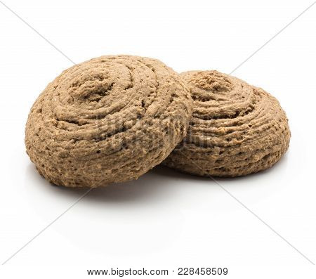 Two Oat Cookies Isolated On White Background Brown Round Crispy Cocoa