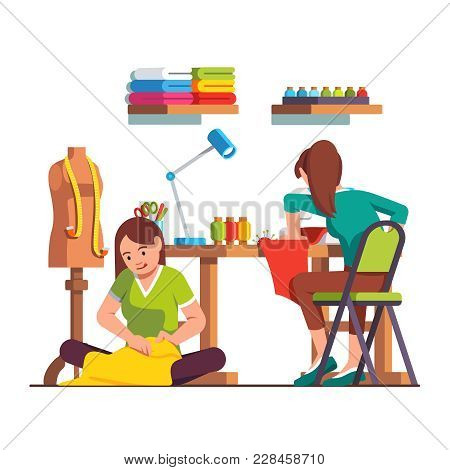 Woman Dressmaker Stitching Sitting On Floor, Seamstress Working With Sewing Machine. Tailor Workshop