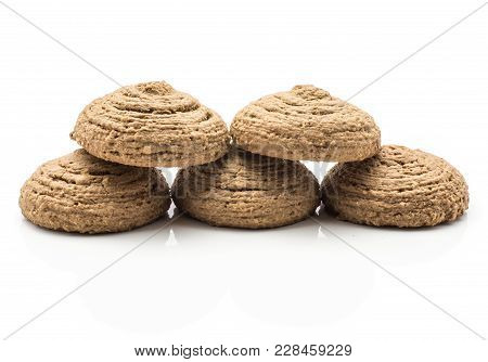 Cocoa Oat Cookies Five Drop Shape Biscuits Isolated On White Background Brown Crispy