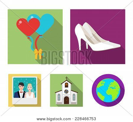 Elegant Wedding Shoes With Heels, Balloons For The Ceremony, A Church With A Stained-glass Window An
