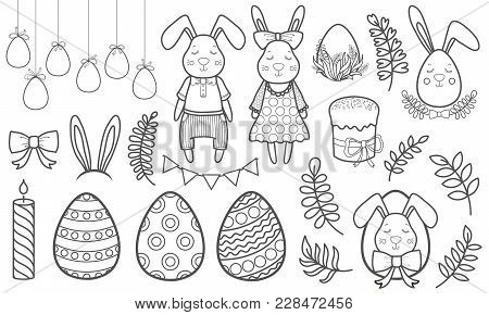 Decorative Vector Set For A Holiday Easter. Rabbits Girl And Boy, Eggs, Garland, Cake, Twigs, Bow An