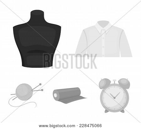 A Man's Shirt, A Mannequin, A Roll Of Fabric, A Ball Of Threads And Knitting Needles.atelier Set Col